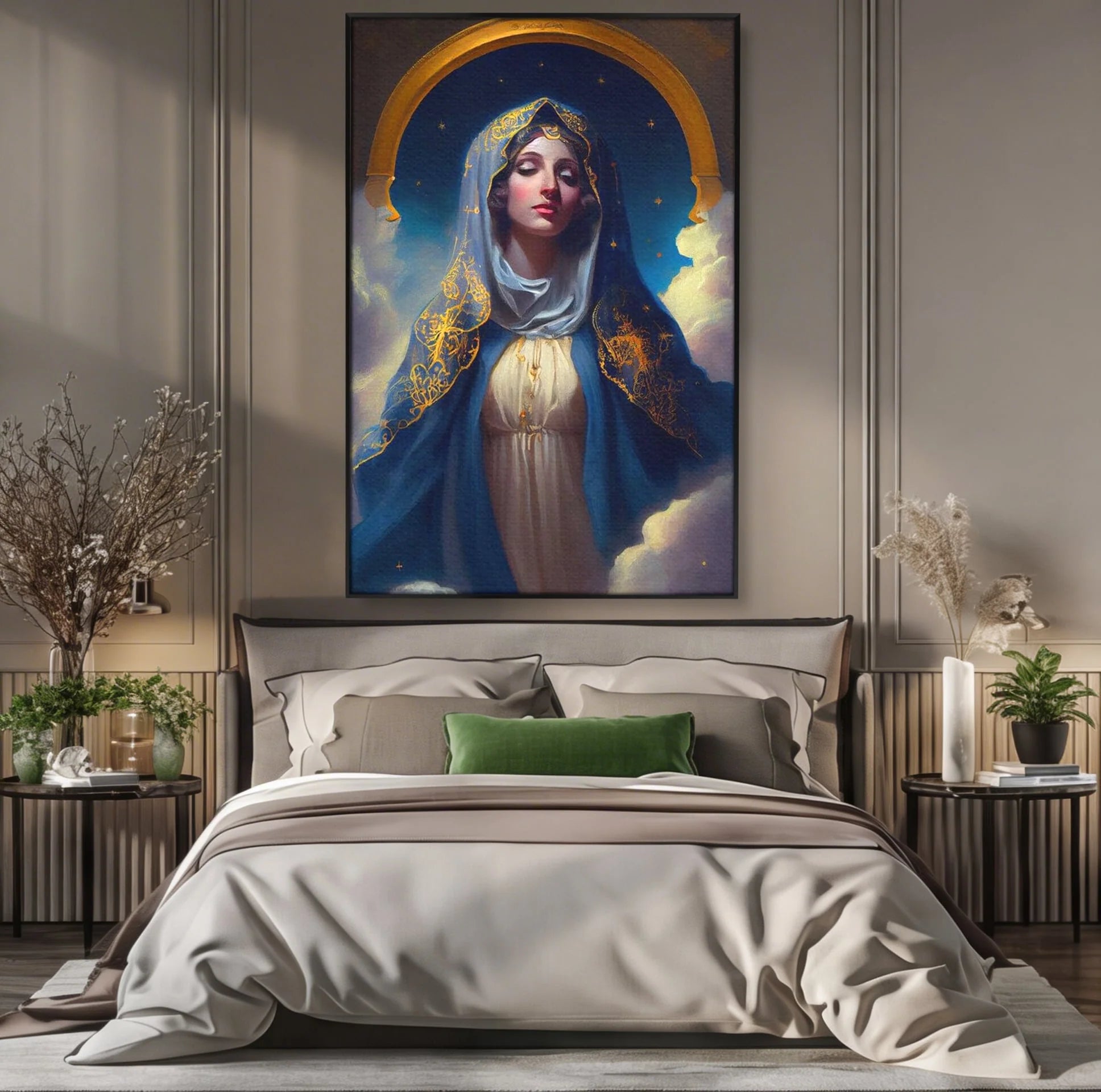 Tablou canvas cu tablou canvas cu fecioara maria, in rama de aluminiu negru, pe perete intr-un dormitor
